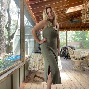 Midi/Maxi Linen Dress Green Flix with adjustable straps, beachy Large